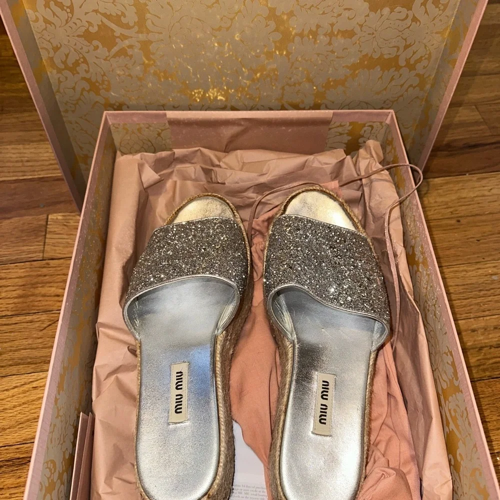 Miu Miu silver leather espadrille wedge slide 38.5